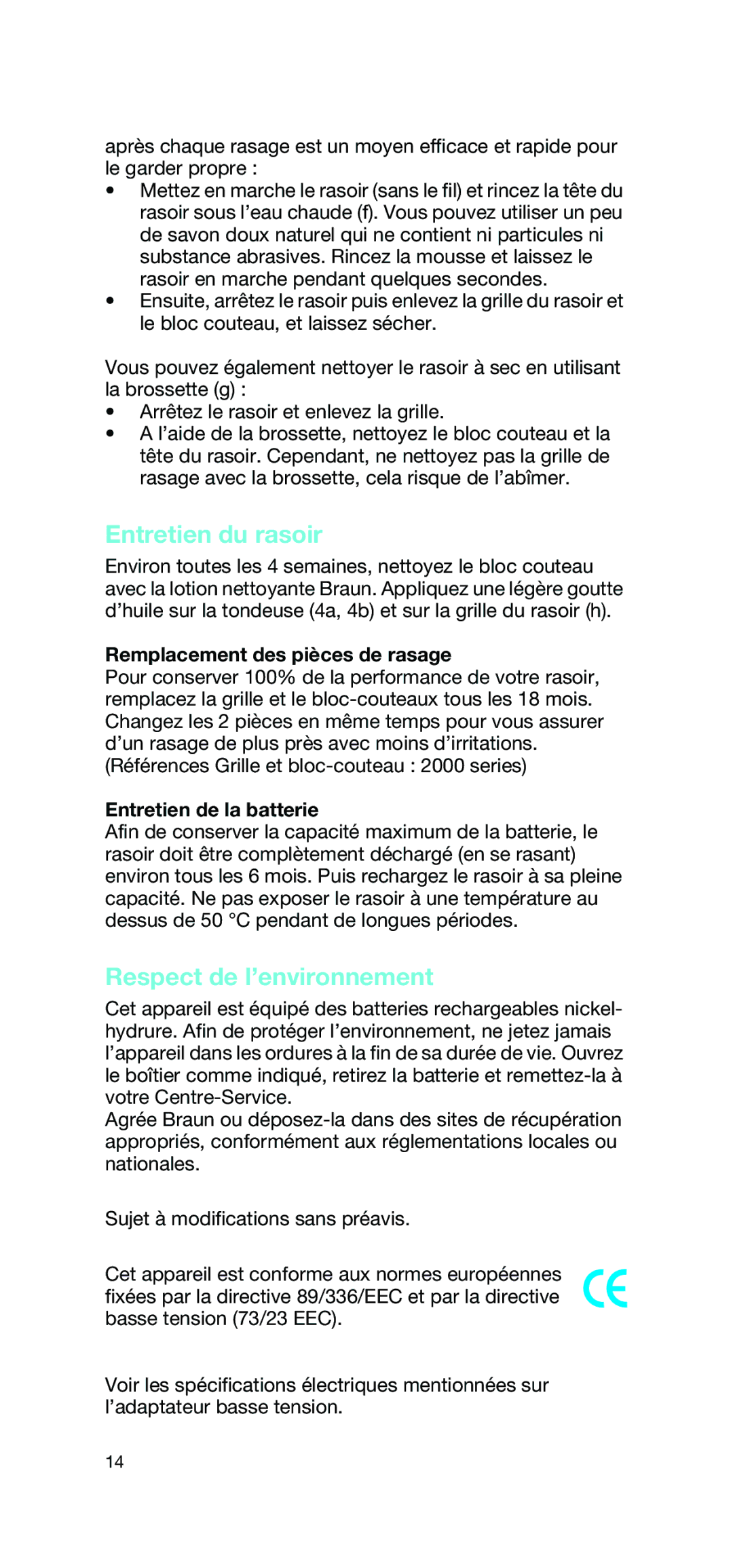 Braun 2865 Entretien du rasoir, Respect de l’environnement, Remplacement des pièces de rasage, Entretien de la batterie 