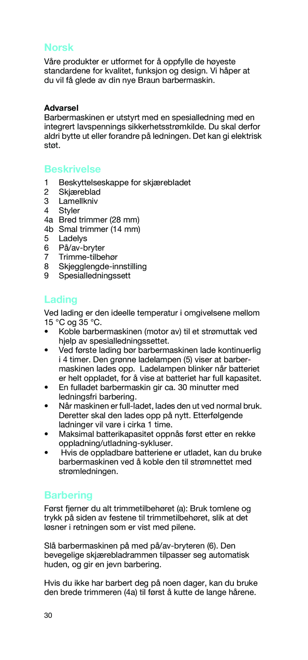 Braun 2865 manual Norsk, Lading 