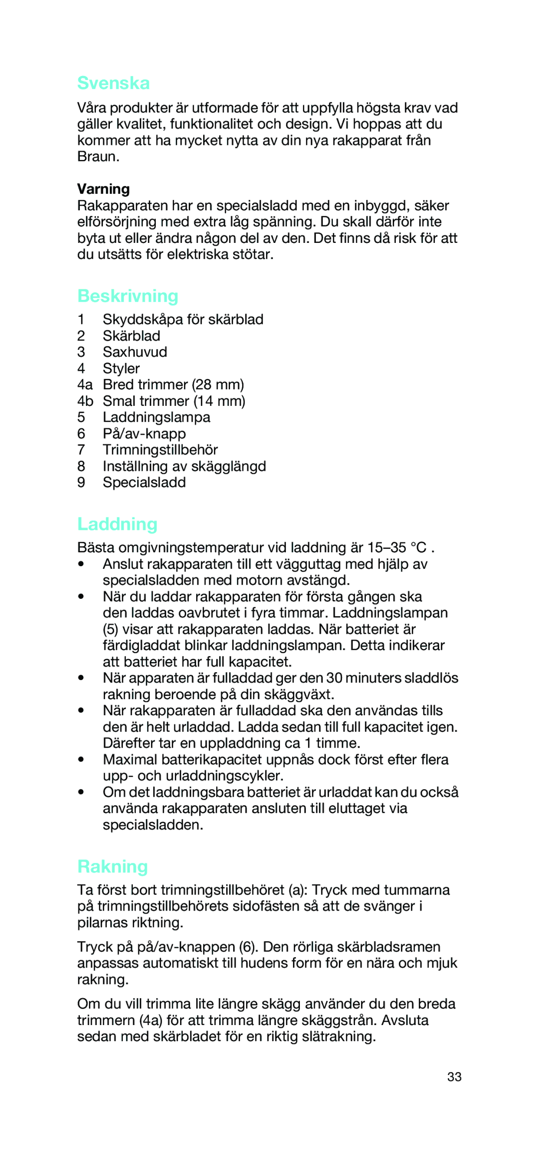 Braun 2865 manual Svenska, Beskrivning, Laddning, Rakning, Varning 