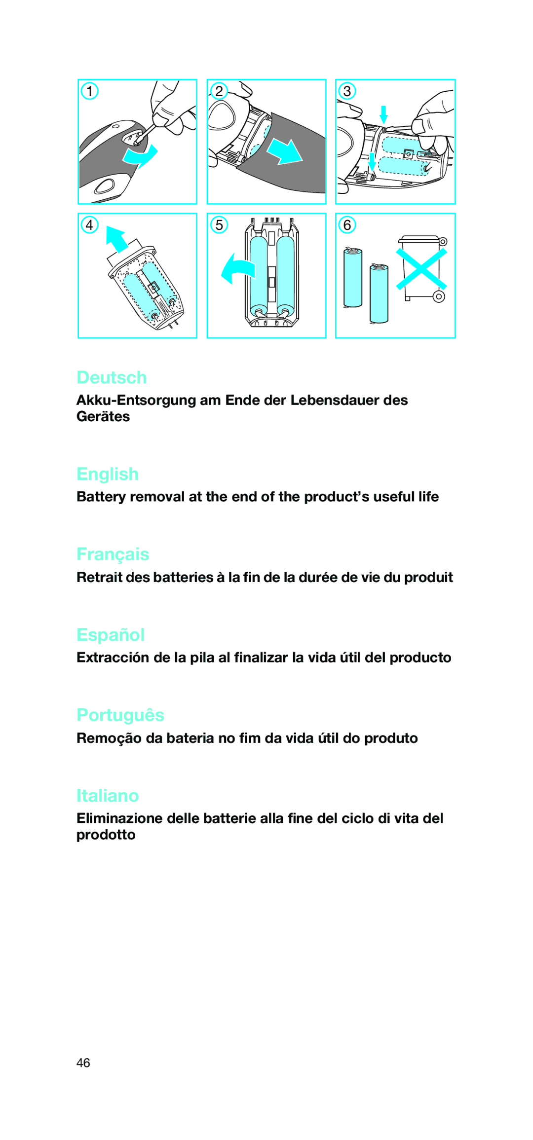 Braun 2865 Akku-Entsorgung am Ende der Lebensdauer des Gerätes, Battery removal at the end of the product’s useful life 