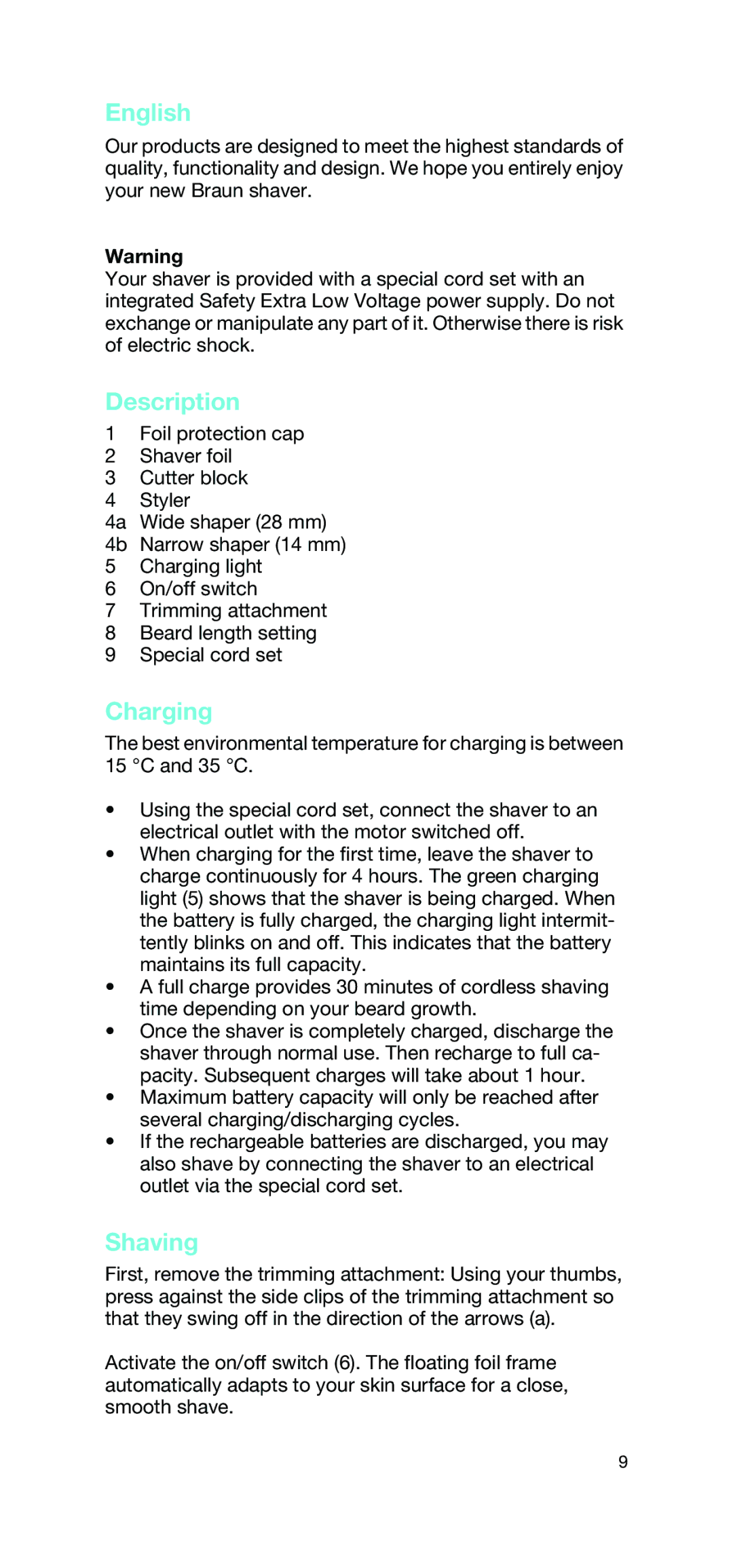 Braun 2865 manual English, Description, Charging, Shaving 