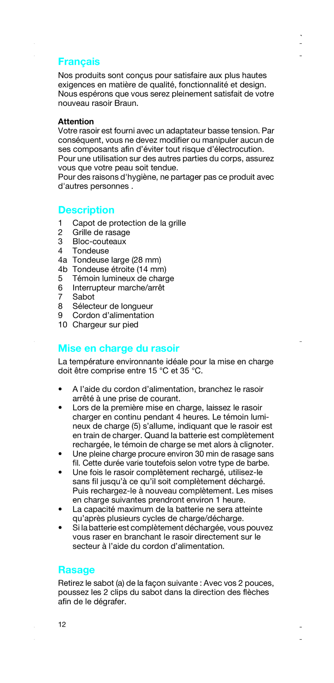 Braun 2876, 2874 manual Français, Mise en charge du rasoir, Rasage 