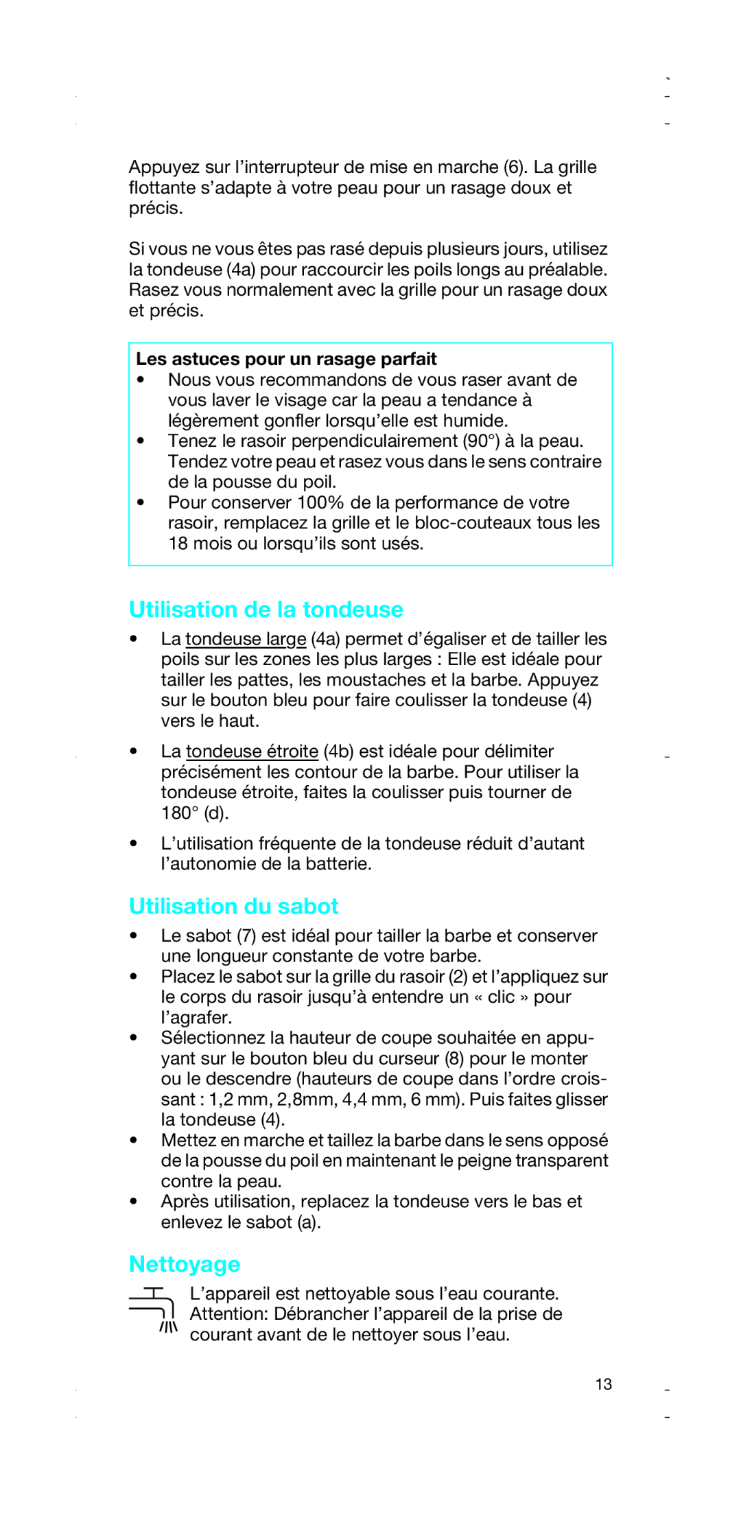 Braun 2874, 2876 manual Utilisation de la tondeuse, Utilisation du sabot, Nettoyage, Les astuces pour un rasage parfait 