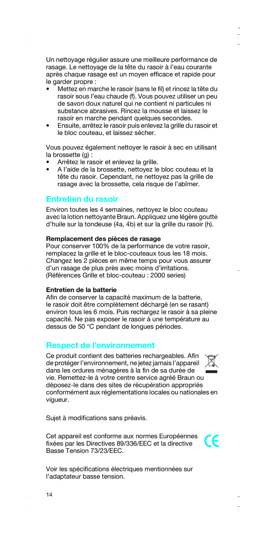 Braun 2876 Entretien du rasoir, Respect de l’environnement, Remplacement des pièces de rasage, Entretien de la batterie 