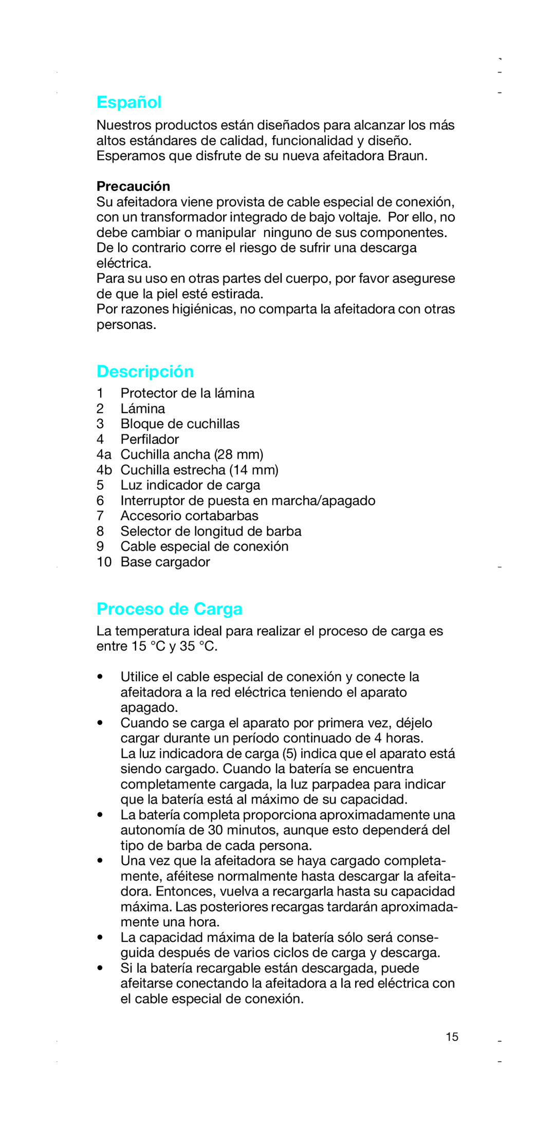 Braun 2874, 2876 manual Español, Descripción, Proceso de Carga, Precaución 