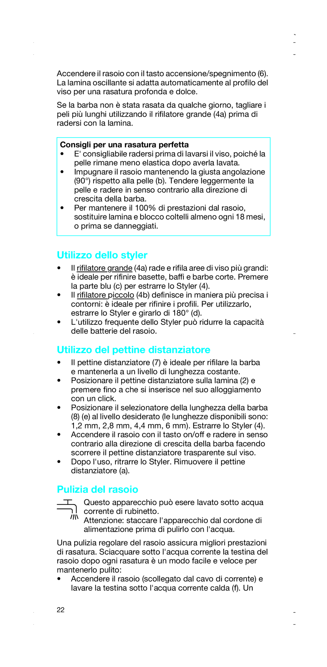Braun 2876, 2874 manual Utilizzo dello styler, Utilizzo del pettine distanziatore, Pulizia del rasoio 