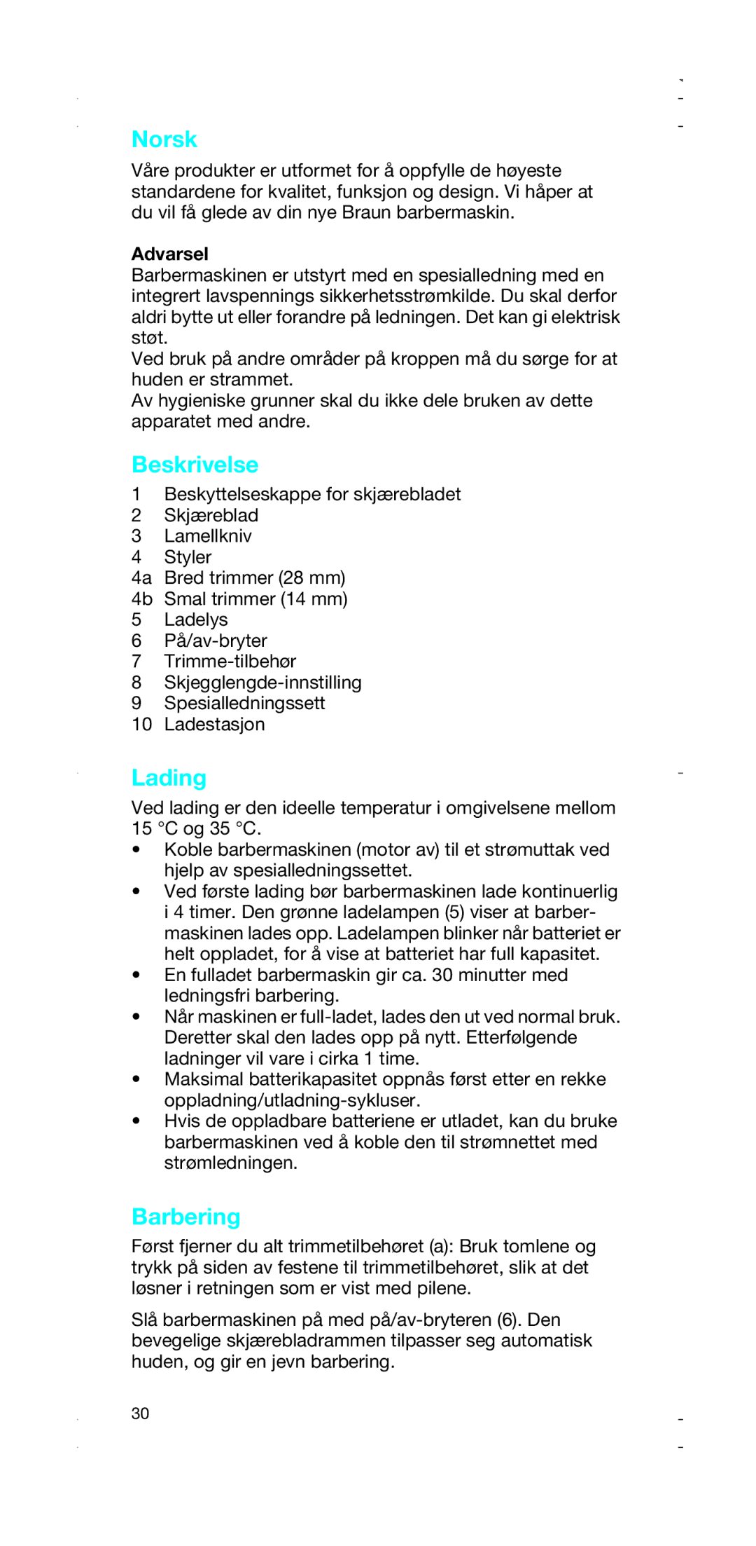 Braun 2876, 2874 manual Norsk, Lading 