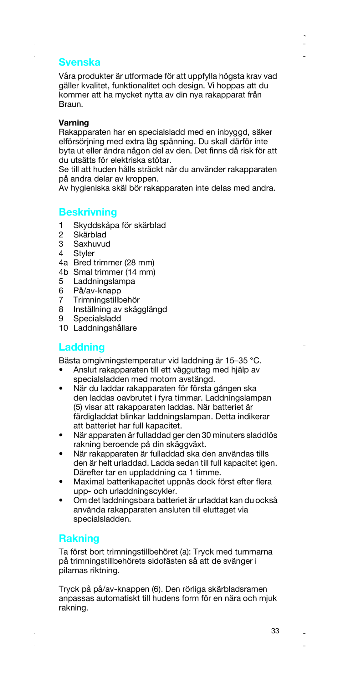 Braun 2874, 2876 manual Svenska, Beskrivning, Laddning, Rakning, Varning 