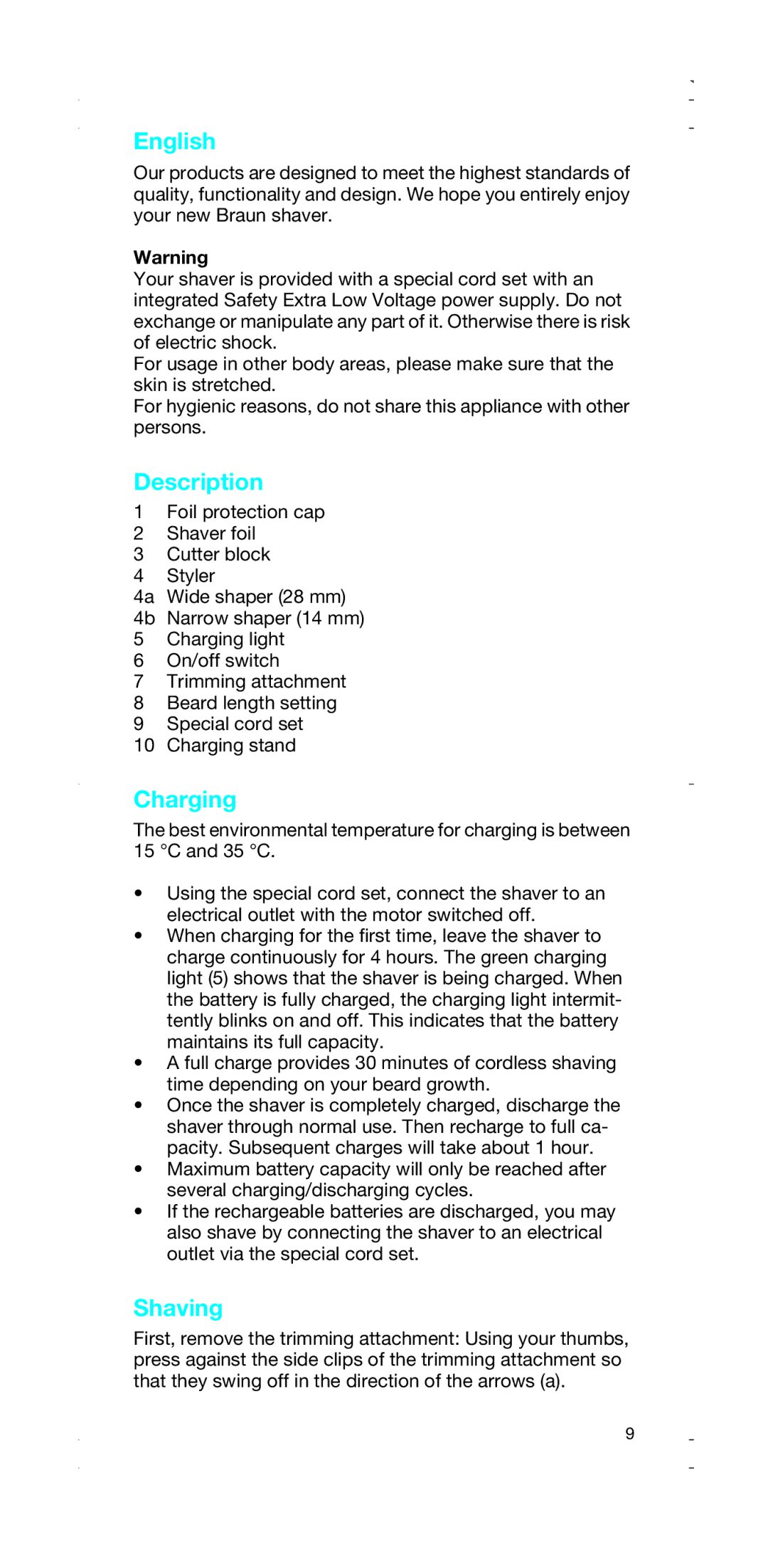 Braun 2874, 2876 manual English, Description, Charging, Shaving 
