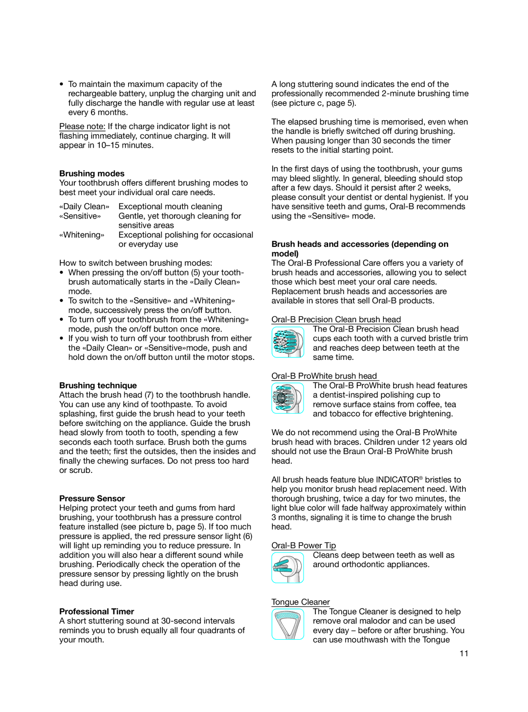 Braun 3000 manual Brushing modes, Brushing technique, Pressure Sensor, Professional Timer 