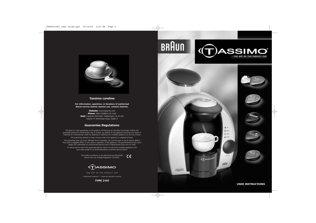 Braun 3107 manual Tassimo careline, Guarantee Regulations, Type User Instructions, Phone 0800 0328833 UK only 