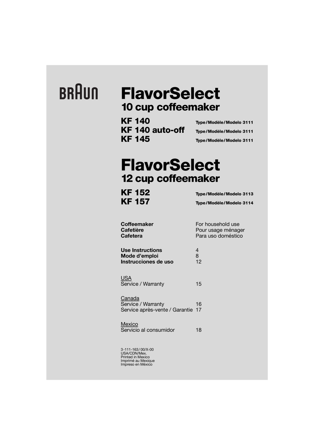 Braun 3111 warranty Coffeemaker, Cafetière, Cafetera, Use Instructions, Mode d’emploi, Instrucciones de uso, FlavorSelect 