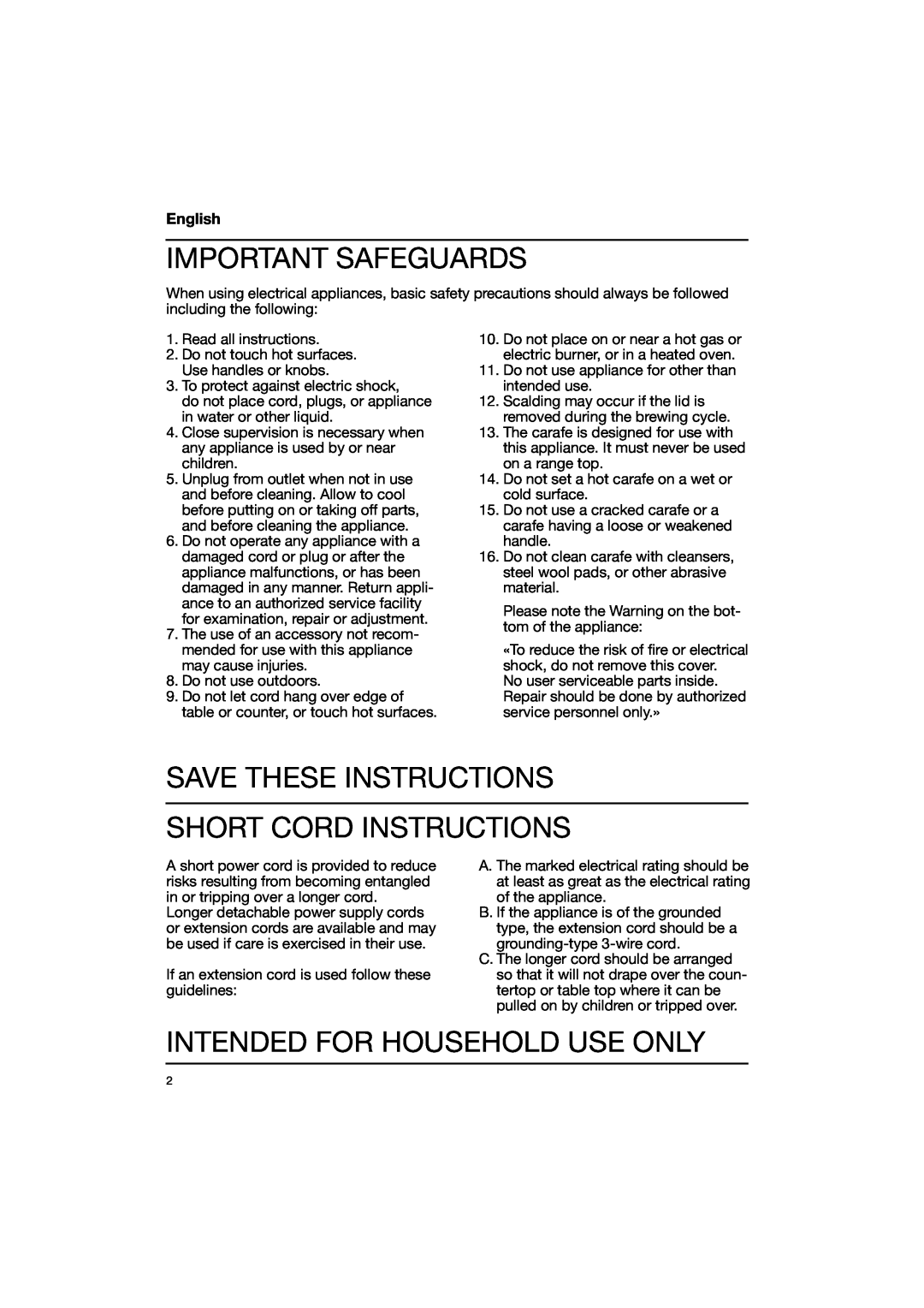 Braun 3114 Important Safeguards, Save These Instructions Short Cord Instructions, Intended For Household Use Only, English 