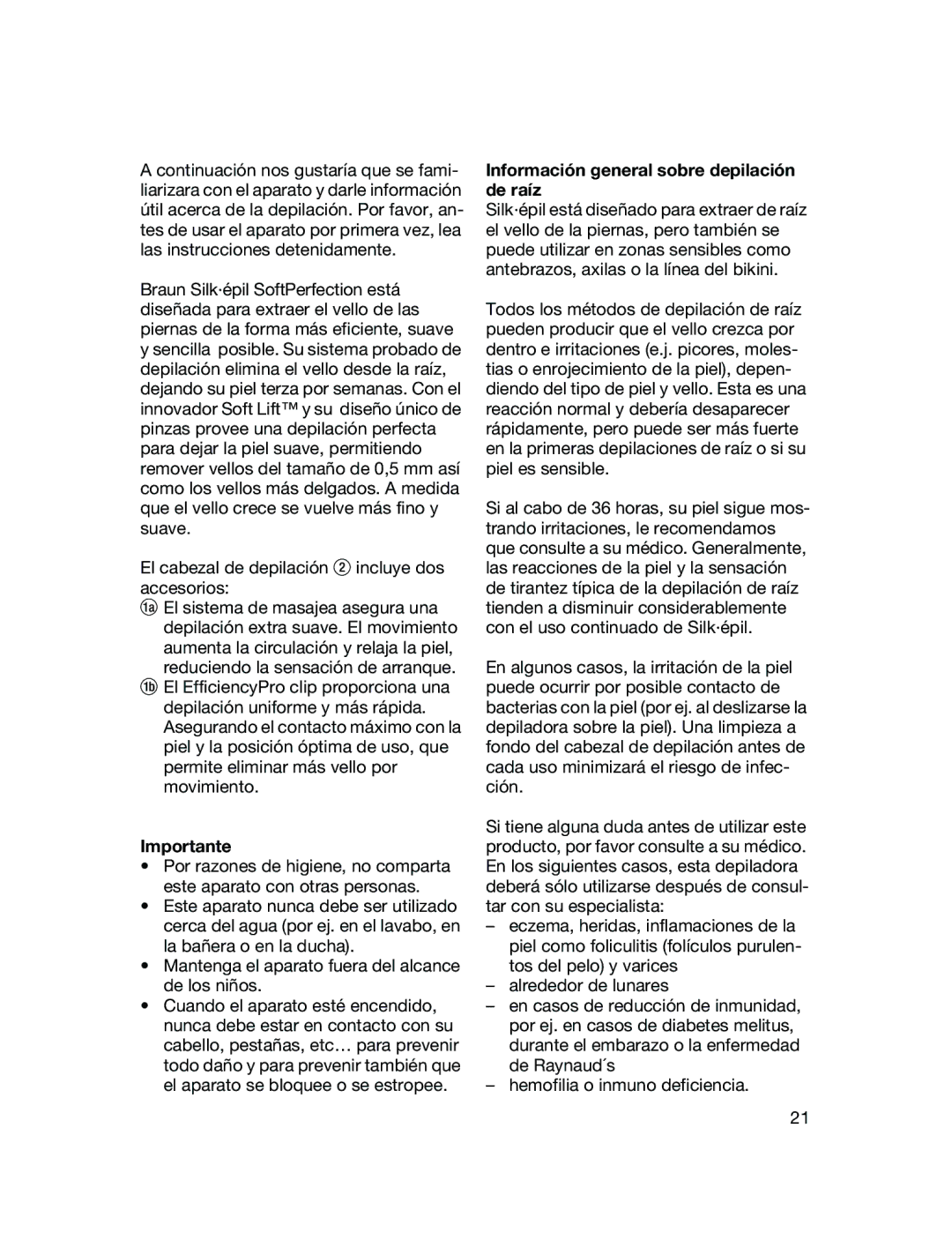 Braun 3170 manual Importante, Información general sobre depilación de raíz 