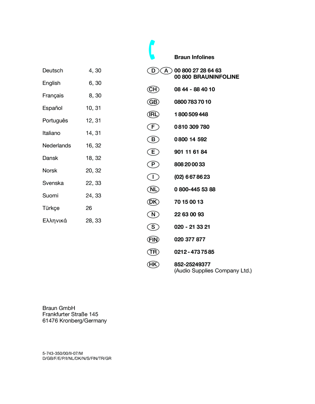 Braun 320 manual Braun Infolines, 00 800 27 28 64, 08 44 88 40, 0800 783 70, 800 509, 810 309, 800 14, 901 11 61, 808 20 00 