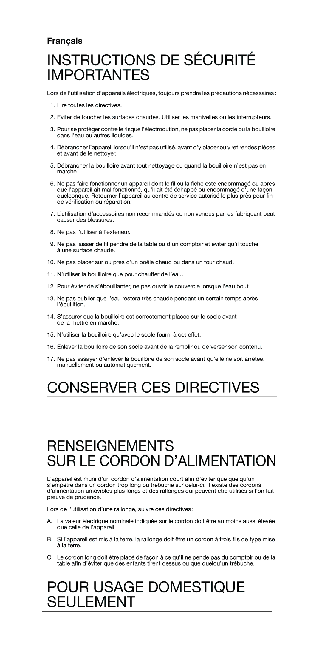 Braun 3219 Instructions DE Sécurité Importantes, Conserver CES Directives Renseignements, Pour Usage Domestique Seulement 