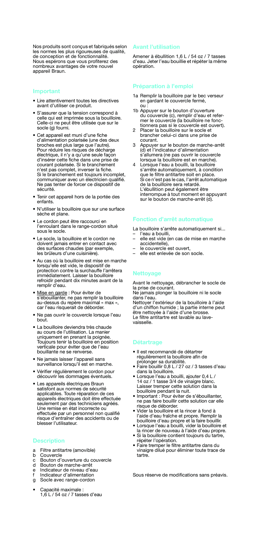 Braun 3217, 3219 manual Avant l’utilisation, Préparation à l’emploi, Fonction d’arrêt automatique, Nettoyage, Détartrage 