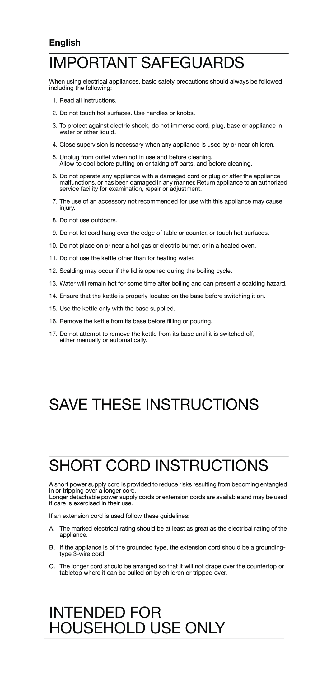 Braun 3219 Important Safeguards, Save These Instructions Short Cord Instructions, Intended For Household Use Only, English 