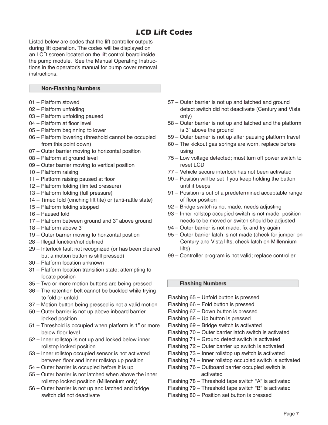 Braun 32221 service manual LCD Lift Codes, Non-Flashing Numbers 