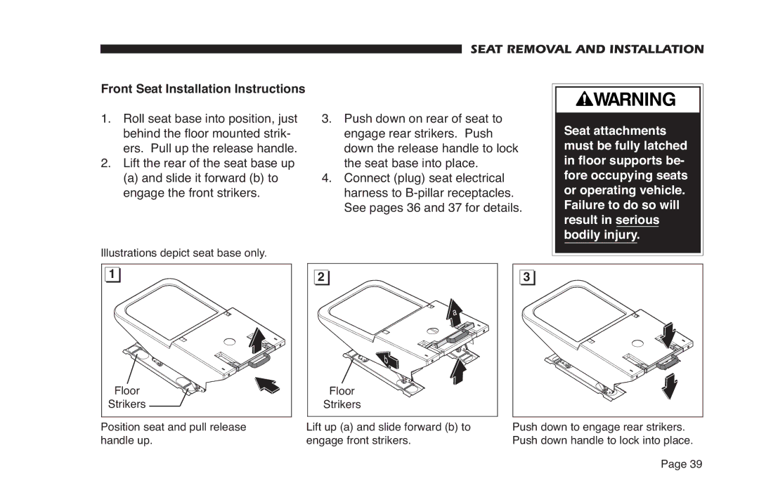 Braun 32899 Rev A manual Engage rear strikers. Push, Illustrations depict seat base only 