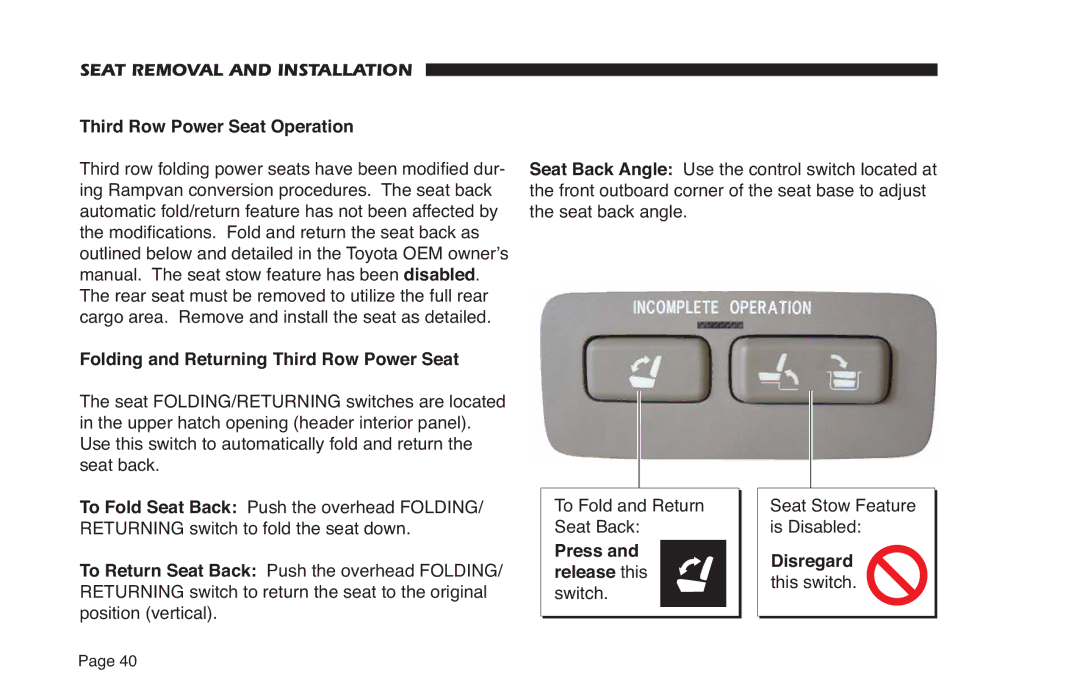 Braun 32899 Rev A Third Row Power Seat Operation, To Fold and Return Seat Back, Seat Stow Feature is Disabled, Lvuhjdug 