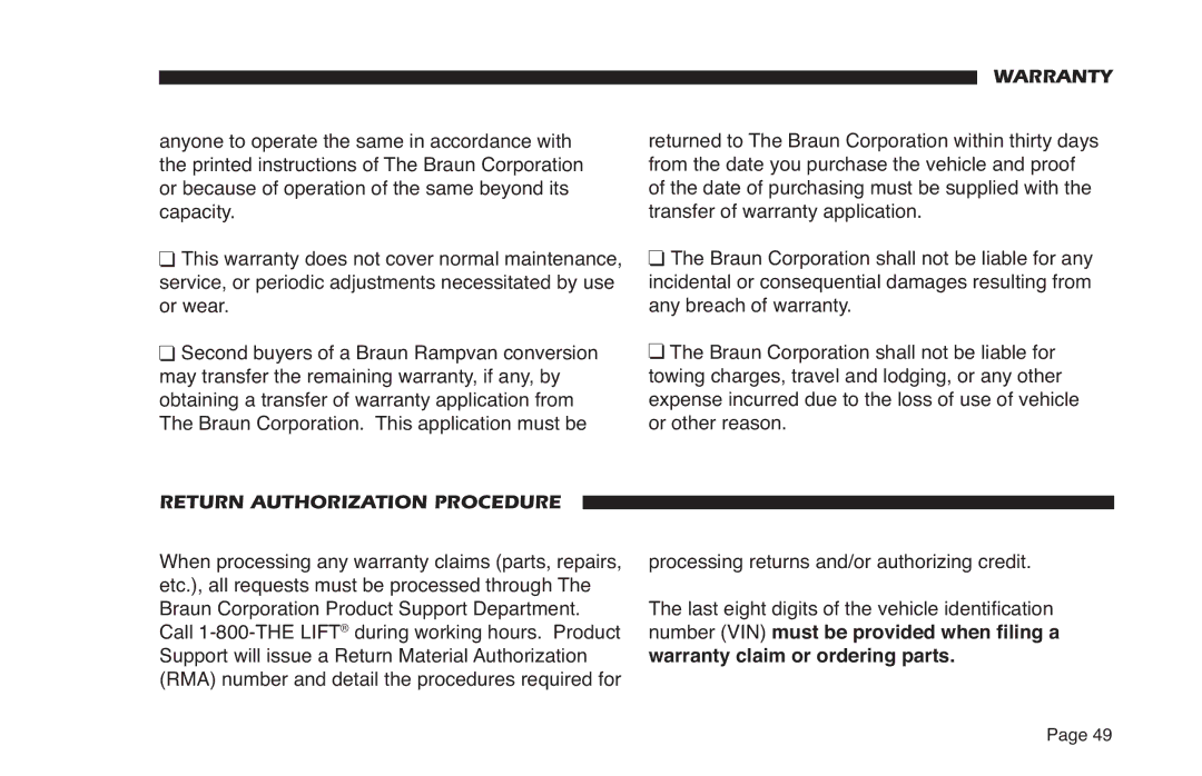 Braun 32899 Rev A manual Return Authorization Procedure, Braun Corporation Product Support Department 