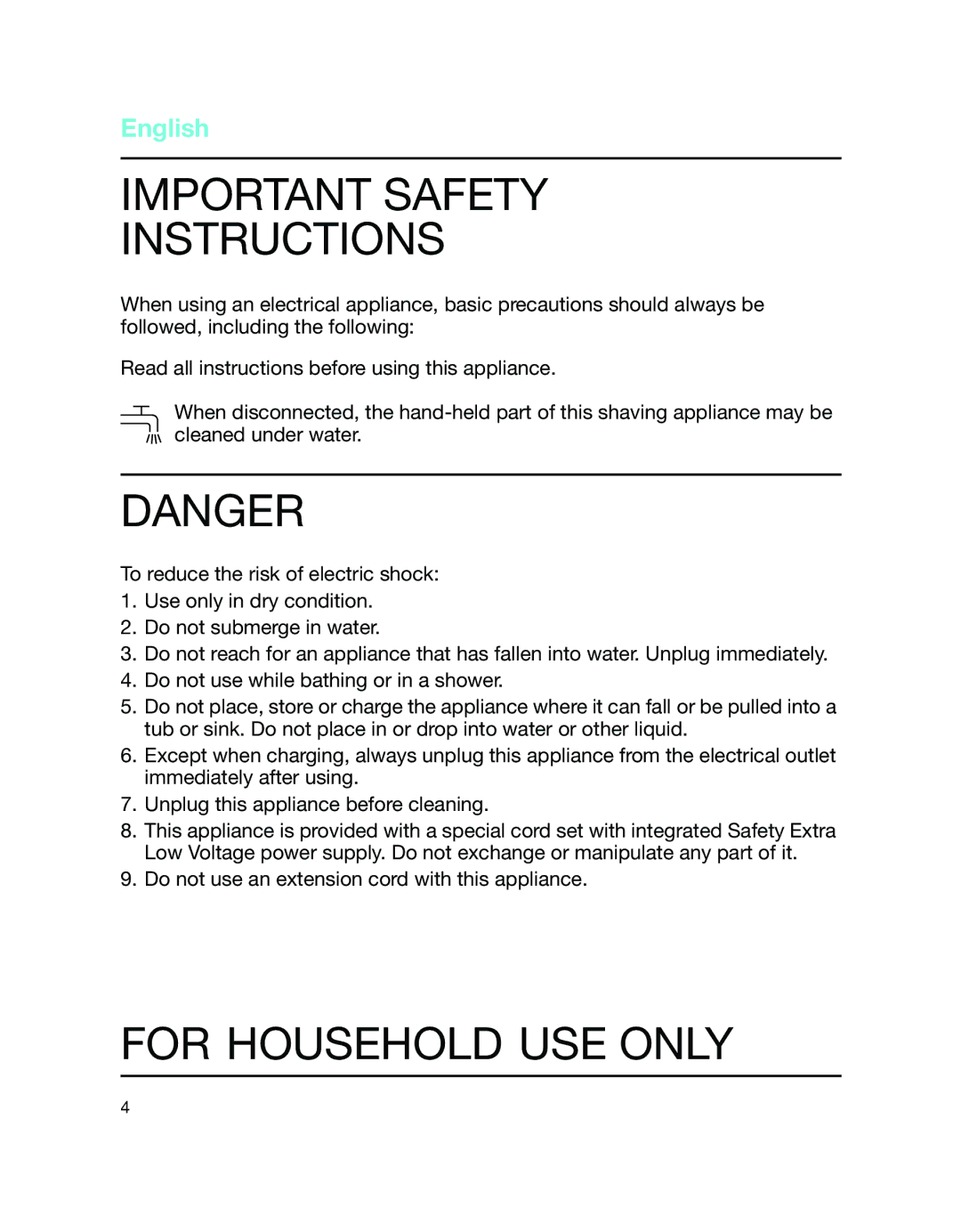 Braun 340 manual Important Safety Instructions, For Household USE only 