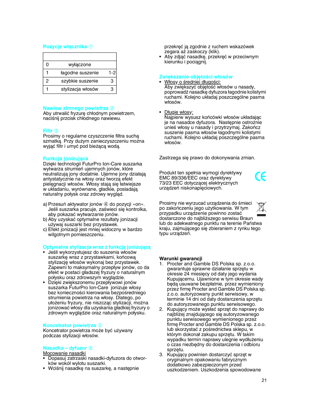 Braun 3539 manual Koncetrator powietrza, Nasadka dyfuzor 