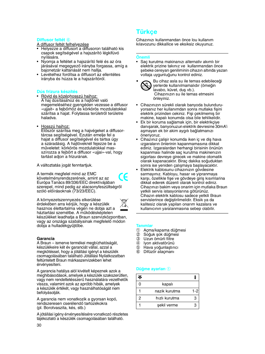 Braun 3539 manual Türkçe, Diffusor feltét, Dús frizura készítés, Garancia 