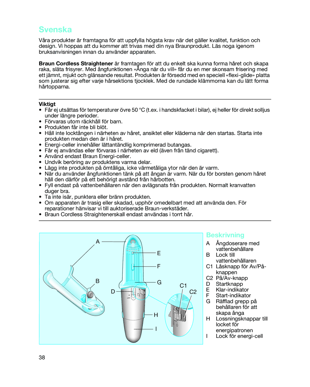 Braun 3588 manual Svenska, Beskrivning, Viktigt 