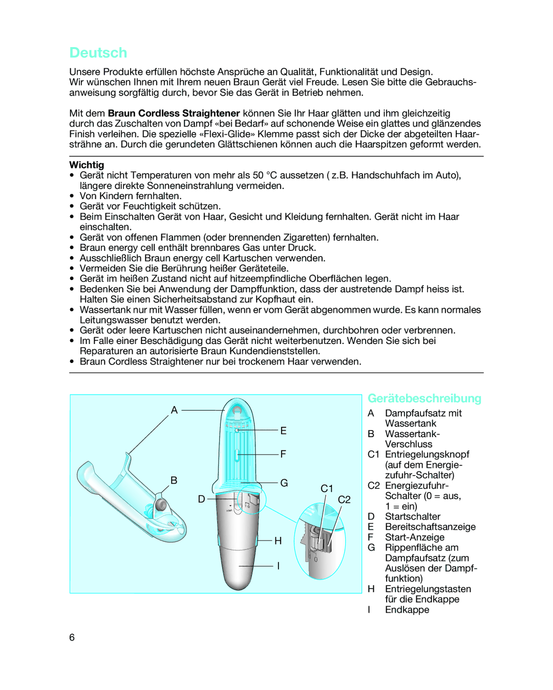 Braun 3588 manual Deutsch, Gerätebeschreibung, Wichtig 