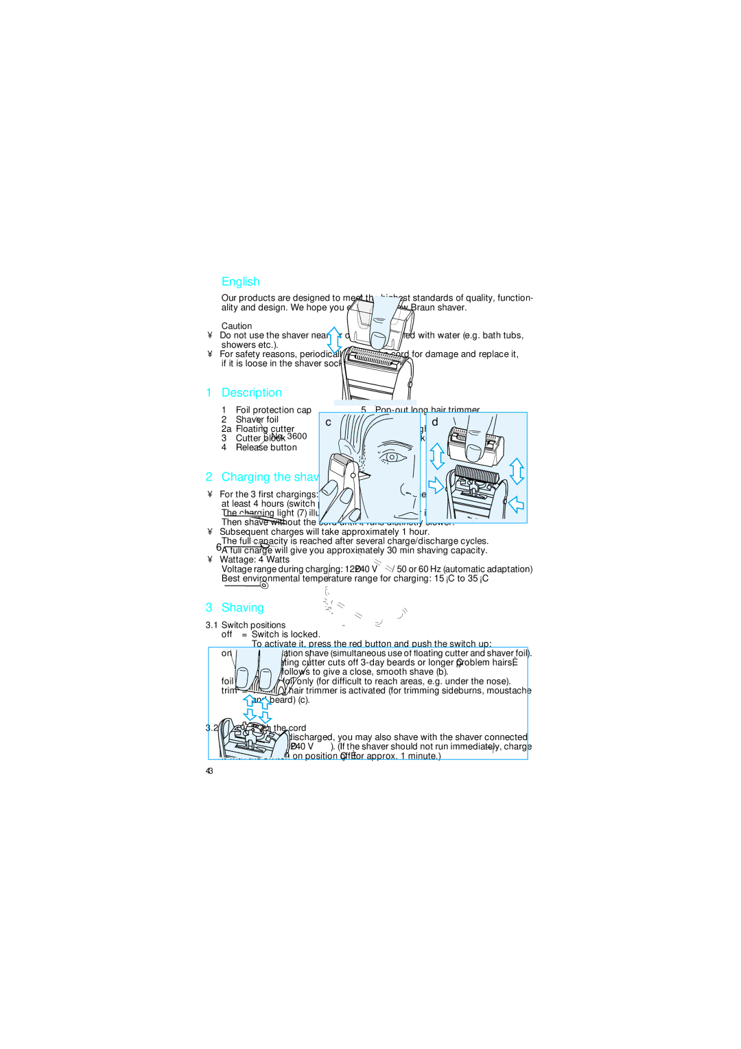 Braun 3612, 3615 manual English, Description, Charging the shaver, Shaving 