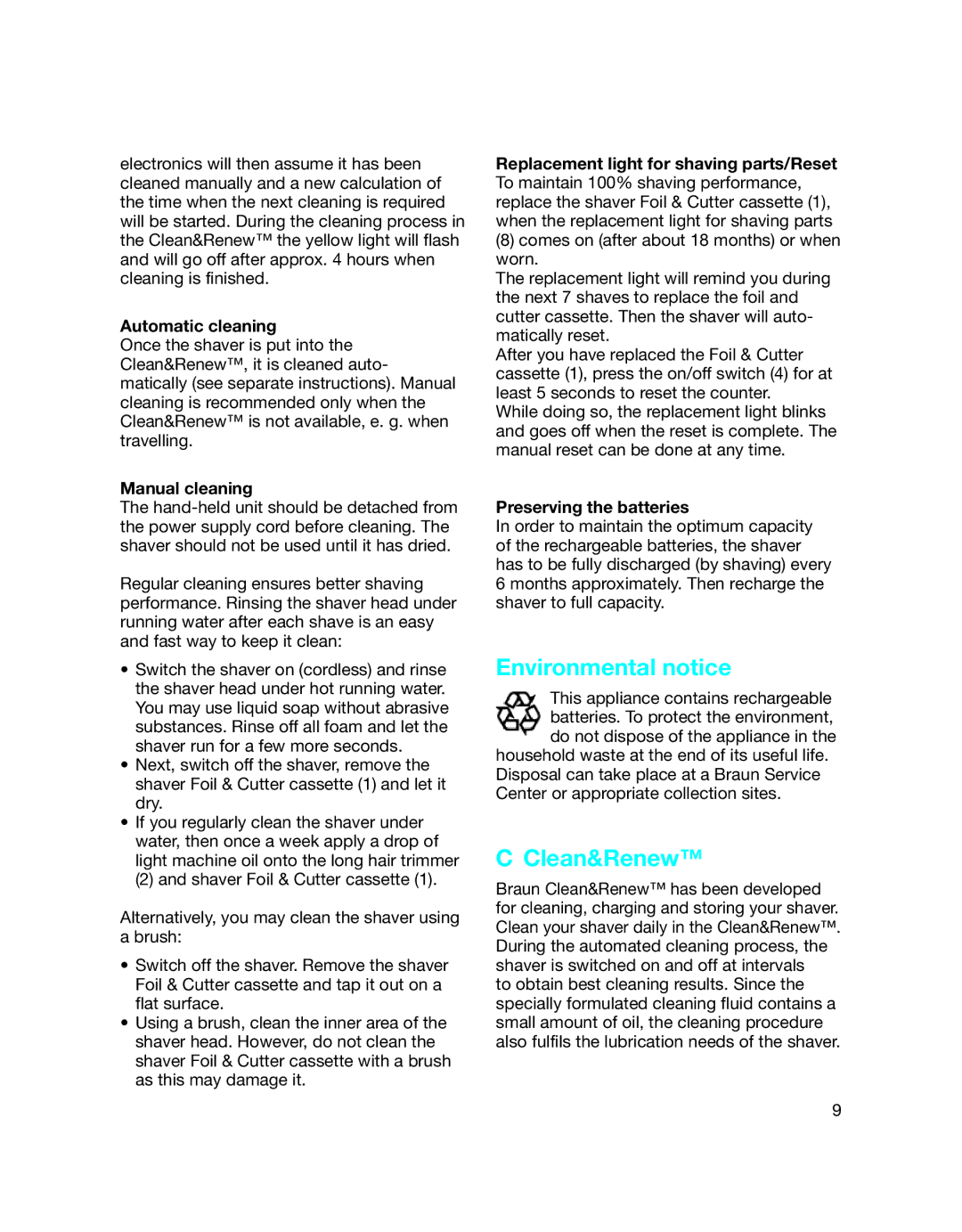 Braun 370cc manual Environmental notice, Clean&Renew, Automatic cleaning, Manual cleaning, Preserving the batteries 