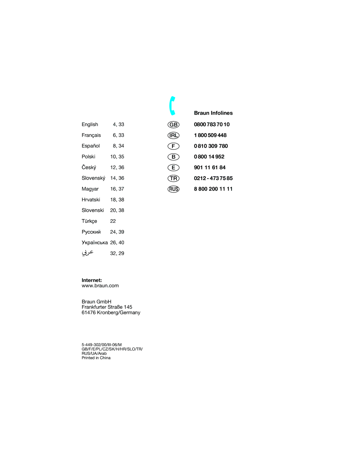 Braun 3710 manual Braun Infolines, 800 200 11, Internet 