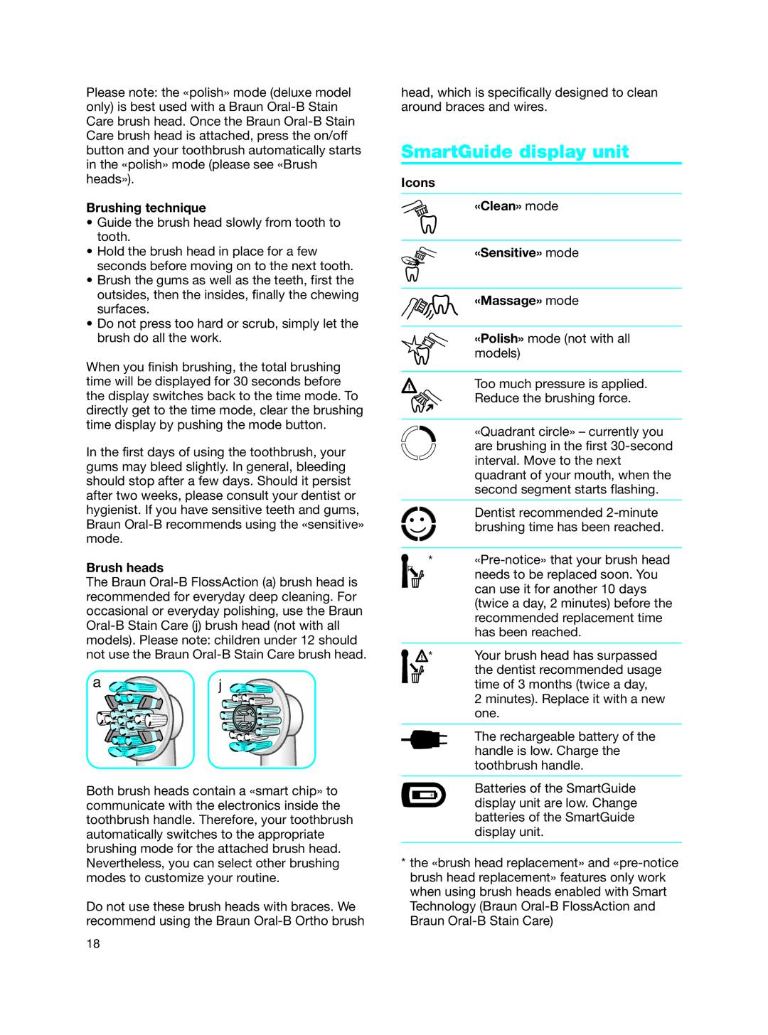 Braun 3731 manual SmartGuide display unit, Brushing technique 