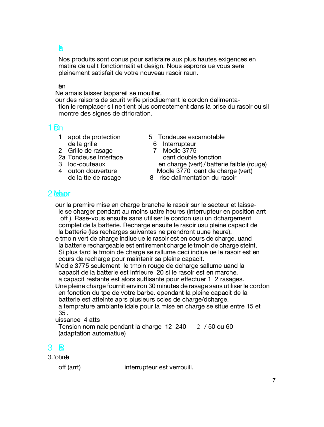 Braun 3775 manual Français, Mise en charge du rasoir, Rasage, Précautions, Positions de l’interrupteur 