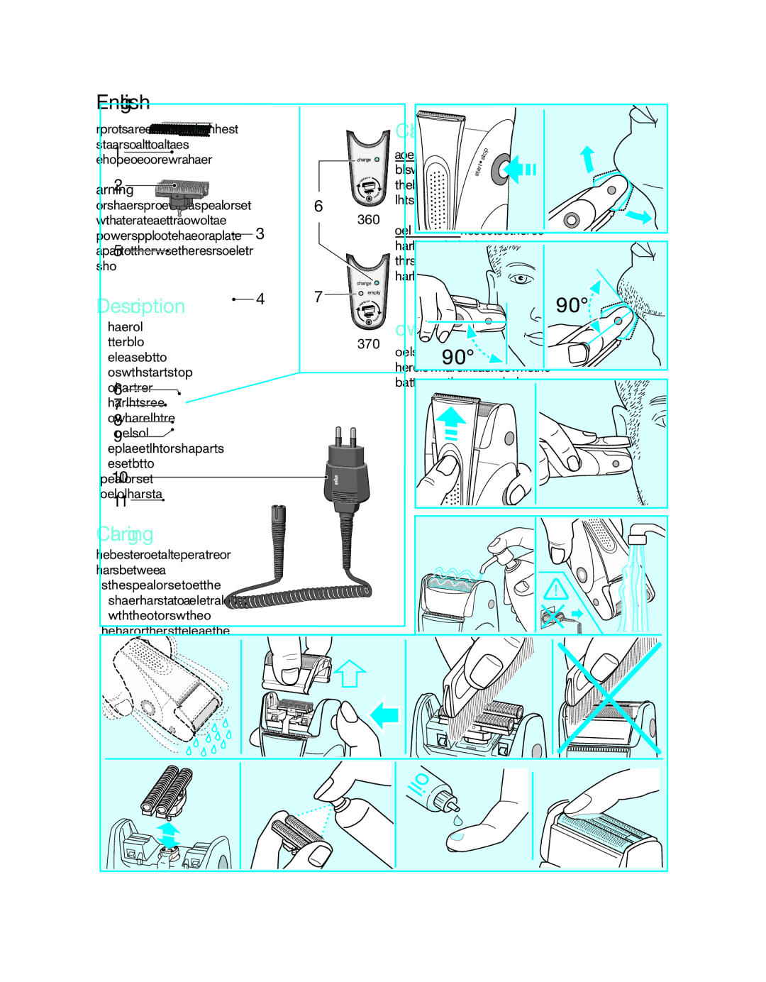 Braun 380, 360 manual Charging lights, Description, Low-charge light, Shaving 