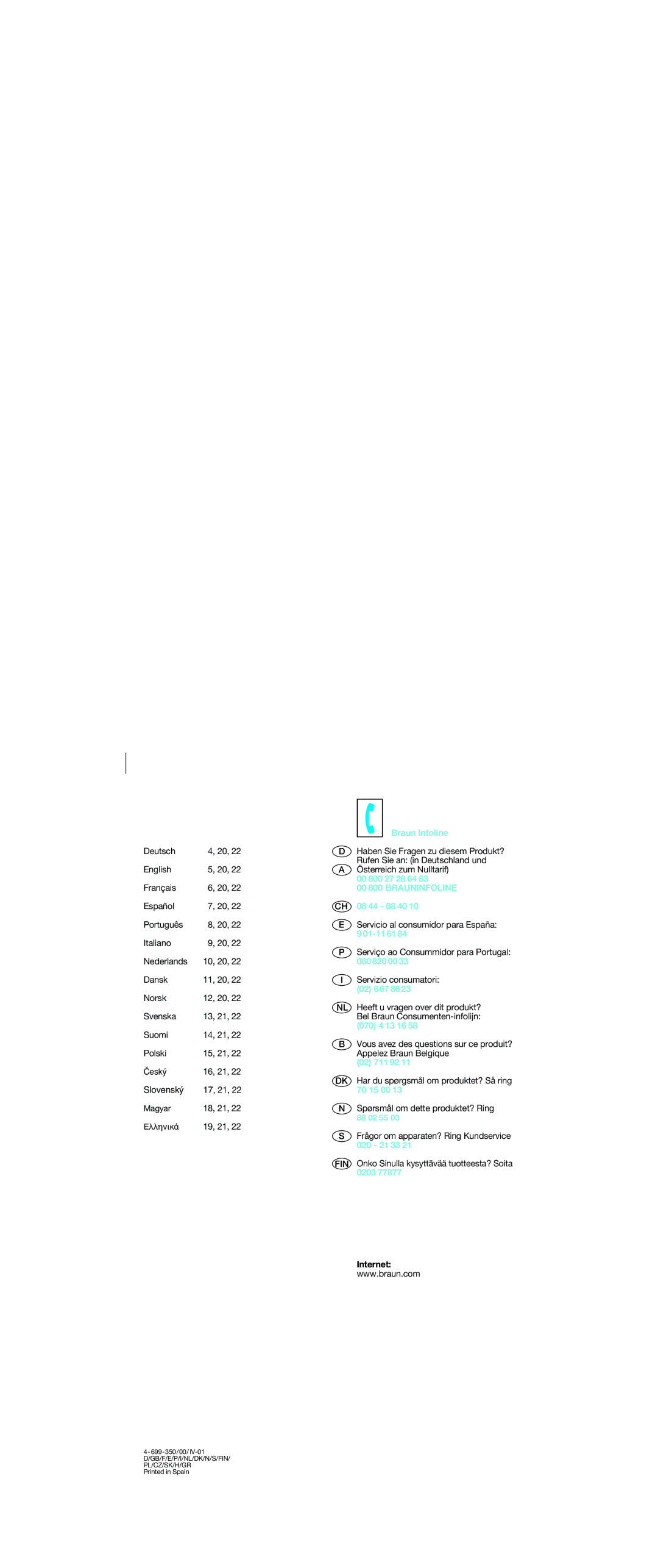 Braun 4 681 Braun Infoline, 00 800 27 28 64, 08 44 88 40, 01-1161, 08082000, 02 667 86, 070 4 13 16, 02 711 92, 70 15 00 