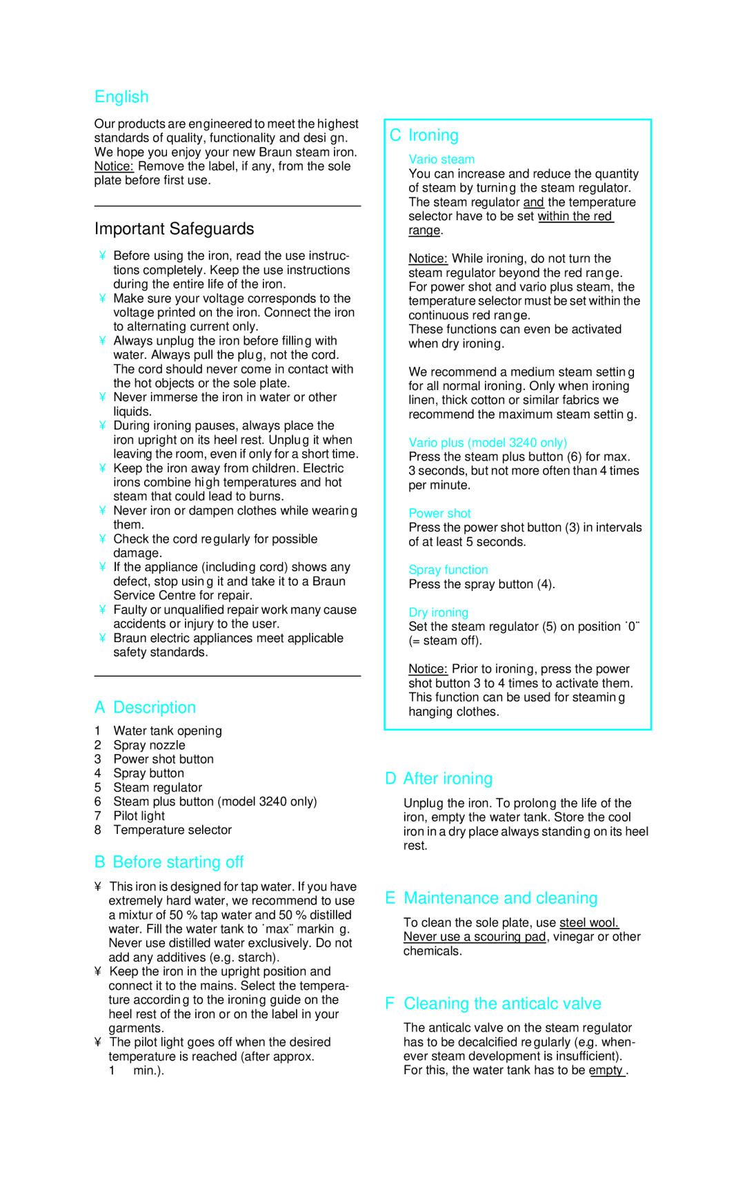 Braun 4 696, 4 695 manual Description, Before starting off, Ironing, After ironing, Maintenance and cleaning 