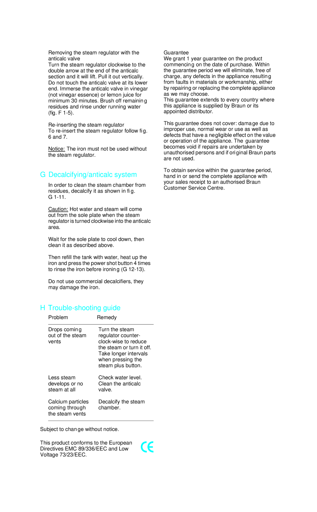 Braun 4 695, 4 696 manual Decalcifying/anticalc system, Trouble-shooting guide 