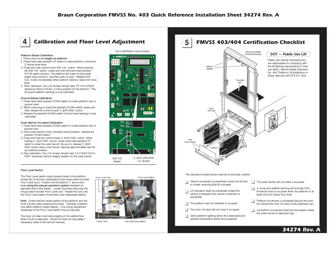 Braun dimensions Calibration and Floor Level Adjustment, Fmvss 403/404 Certiﬁcation Checklist, Ground Sense Calibration 