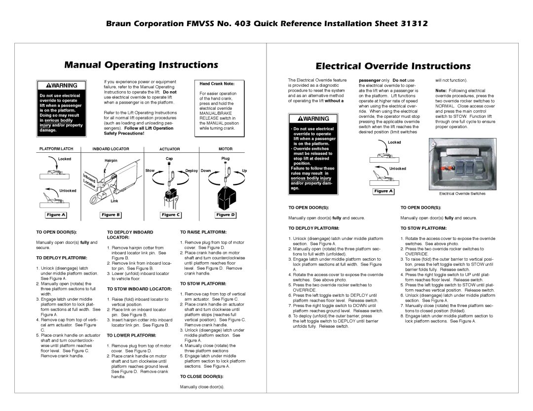 Braun 403 dimensions Anual /PERATING Nstructions Lectrical /VERRIDELNSTRUCTIONS, Will not function, Manually close doors 