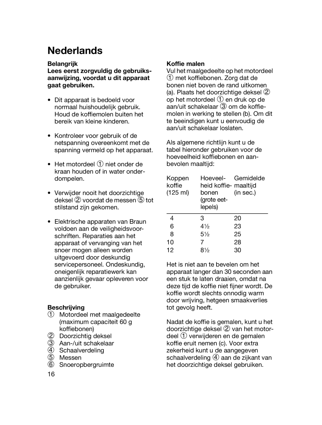 Braun 4041 manual Nederlands, Beschrijving, Koffie malen 