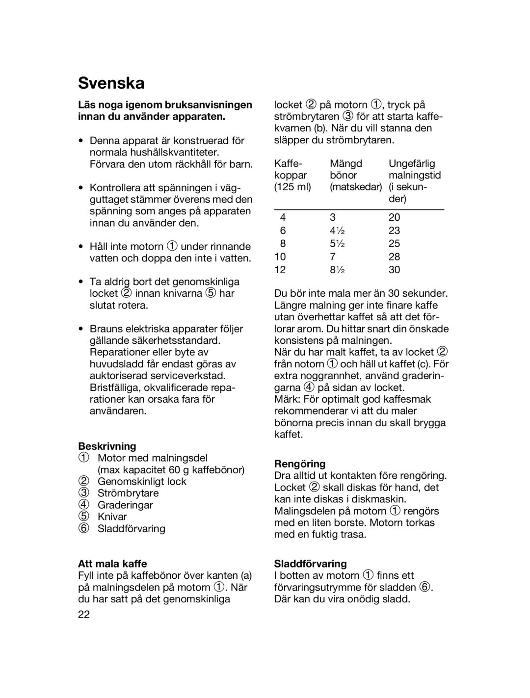 Braun 4041 manual Svenska, Beskrivning, Att mala kaffe, Rengöring, Sladdförvaring 