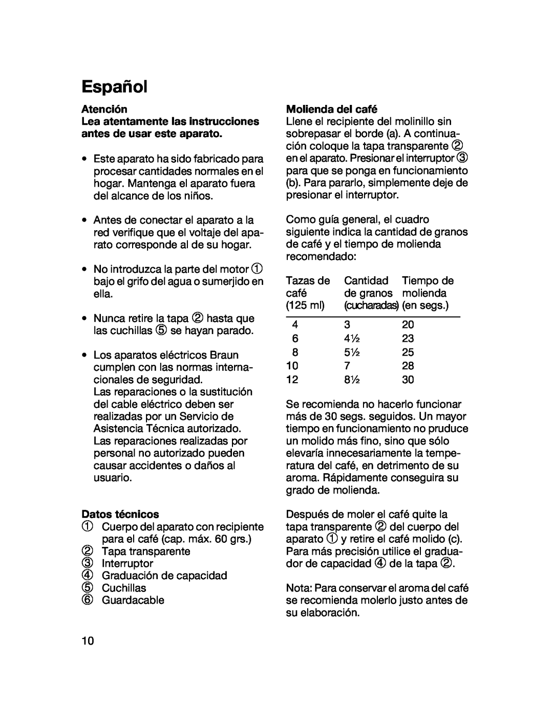 Braun 4041 manual Español, Atención, Datos técnicos, Molienda del café 