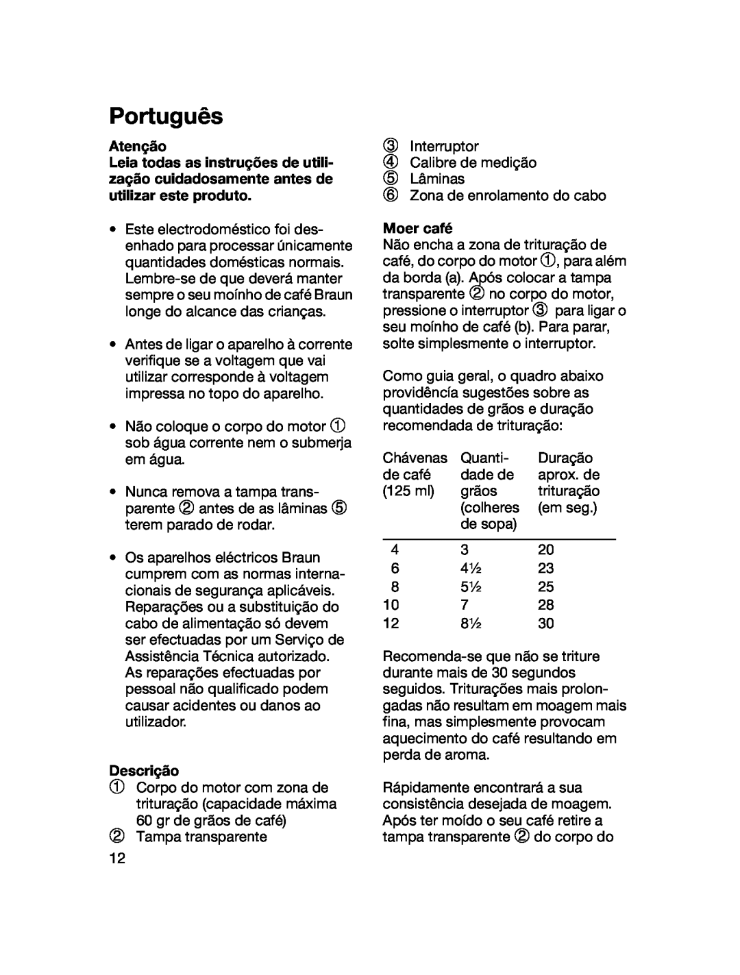 Braun 4041 manual Português, Atenção, Descrição, Moer café 