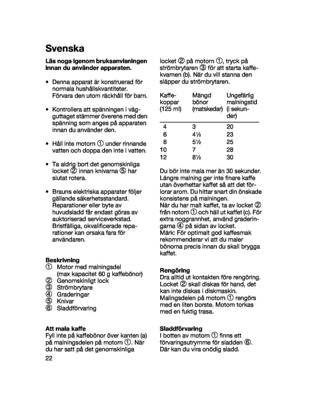 Braun 4041 manual Svenska, Beskrivning, Att mala kaffe, Rengöring, Sladdförvaring 
