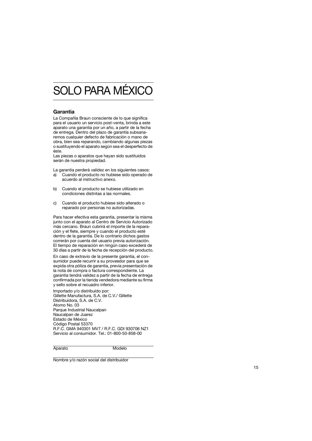 Braun 4118 manual Solo Para México, Garantia 
