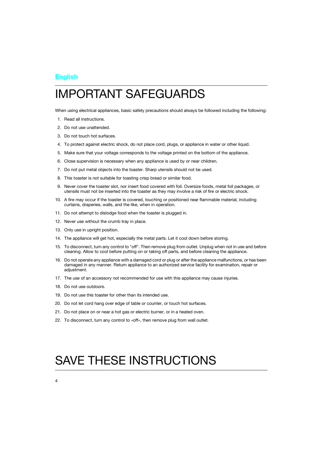 Braun 4118 manual Important Safeguards, Save These Instructions, English 