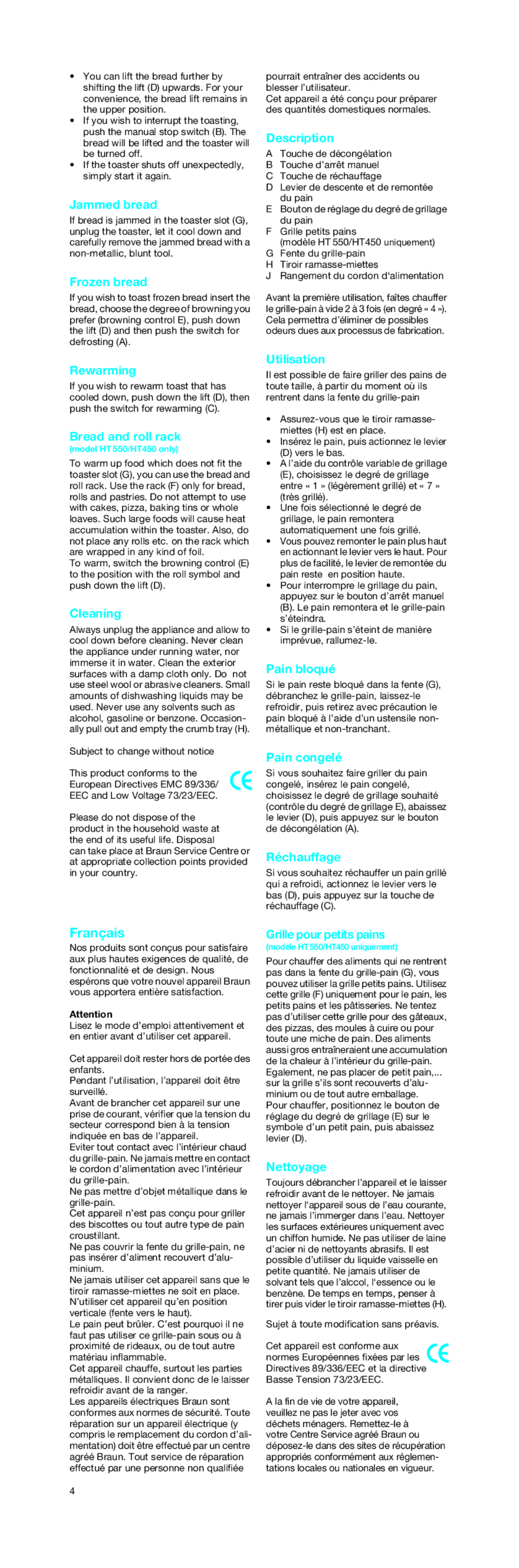Braun 4120 Jammed bread, Frozen bread, Rewarming, Bread and roll rack, Cleaning, Utilisation, Pain bloqué, Pain congelé 